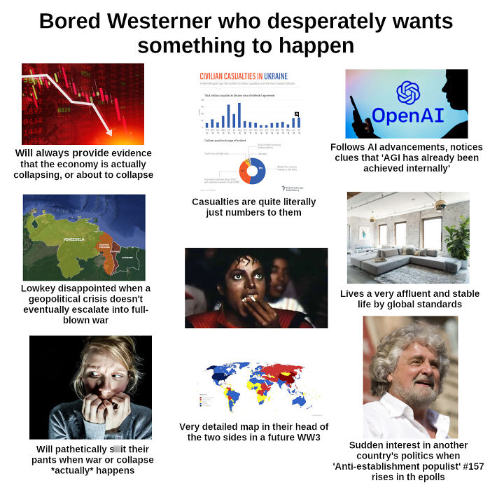 Starter Pack meme about a bored Westerner eager for global events to unfold, featuring images related to economy and geopolitical crises.