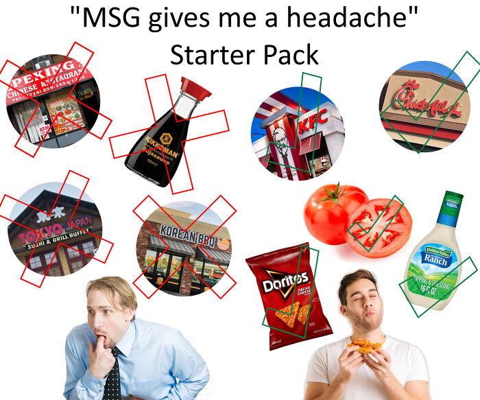Funny "MSG gives me a headache" starter pack with restaurants and food items.