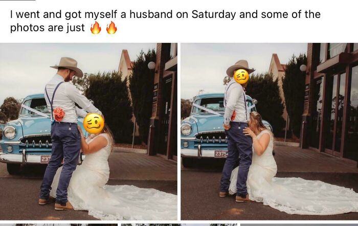 A bride in a unique pose with her groom in front of a vintage car, showcasing a memorable wedding photo.