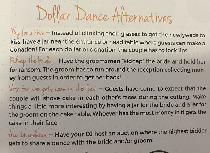 Wedding dollar dance alternatives list with humorous and interactive ideas for guests during the reception.