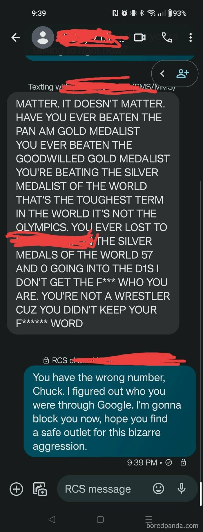 Unhinged wrong number text exchange with intense rant and a calm reply suggesting a safe outlet for aggression.