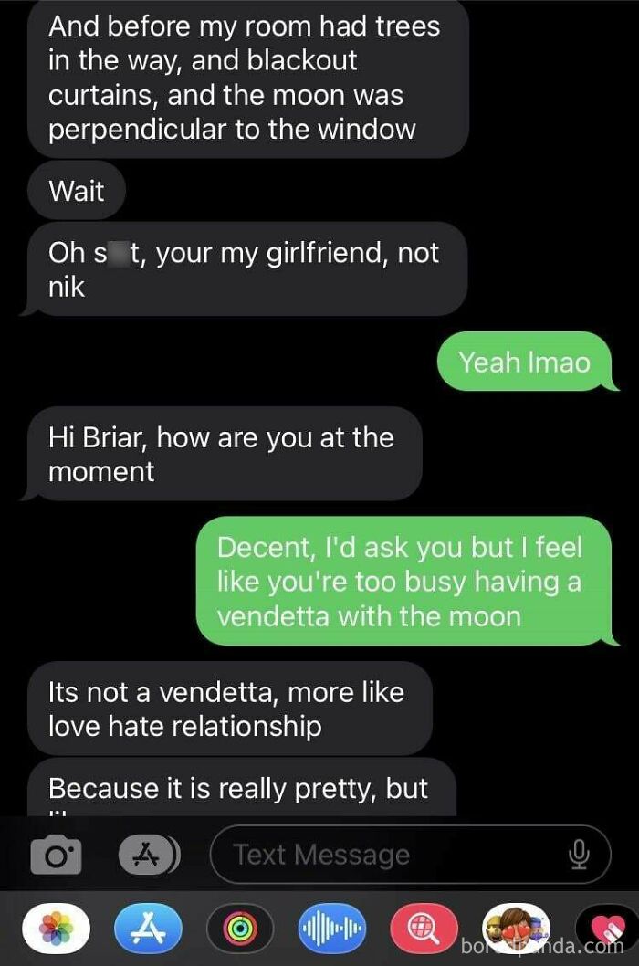 Hilariously unhinged wrong number text exchange discussing blackout curtains and the moon.