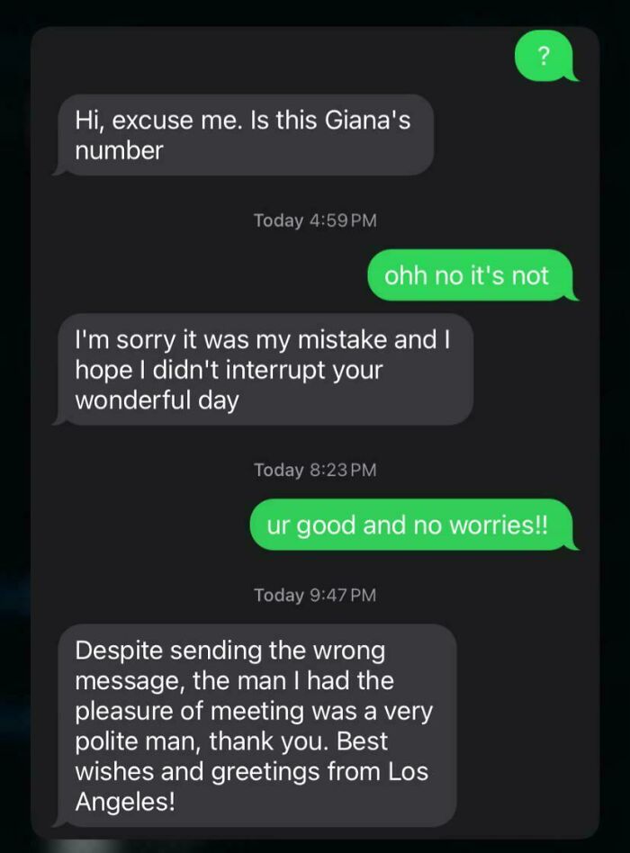 Text conversation about a wrong number exchange with polite responses and greetings from Los Angeles.