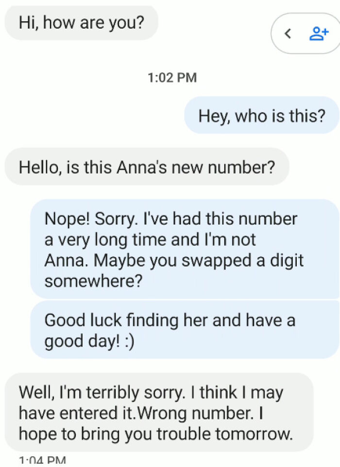 Hilarious exchange from a wrong number text conversation involving mistaken identity with Anna's number.