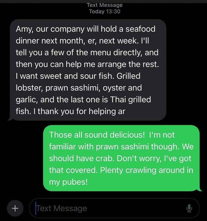 Text exchange showing a hilariously unhinged wrong number response about a seafood dinner menu.