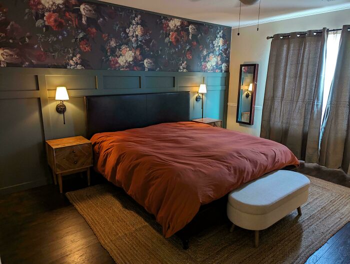 Just Finished Our Bedroom Last Night! Started Dec 26 With Blank White Walls And Grey Carpet. The Pillows Are Missing But I Just Wanted To Show Off My Hard Work