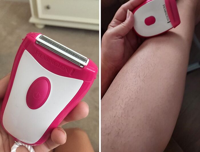 Pink and white hair removal device held near a leg, showcasing its effectiveness.