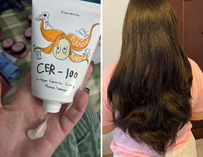 Person holding favored Panda hair treatment product; shiny, long hair result shown.