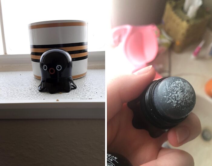 Cute panda-themed skincare product in black packaging, displayed on a windowsill and held in hand.