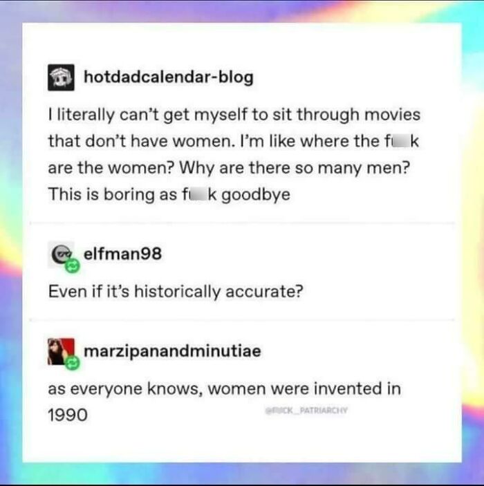 Text posts criticizing sexism in movies, highlighting a lack of female representation in historically-themed films.