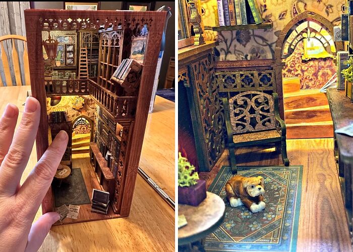 Miniature library dollhouse with intricate design details, one of the top panda crowd-pleasers for its high upvote count.