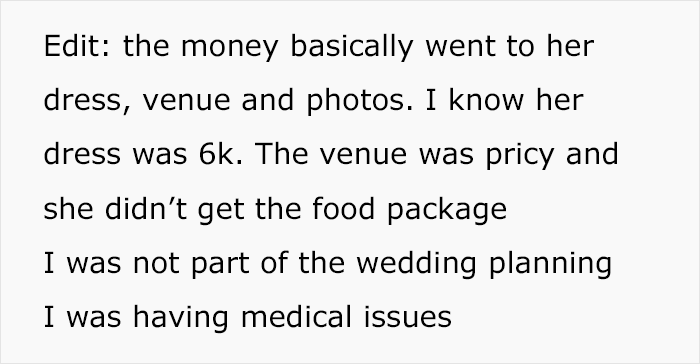 Text discussing costs of a 20k wedding including dress, venue, and photos, and mention of medical issues.