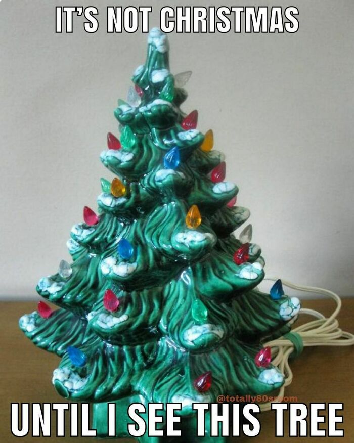Ceramic Christmas tree with colorful lights evokes '80s nostalgia humor in Gen Xers and Millennials.