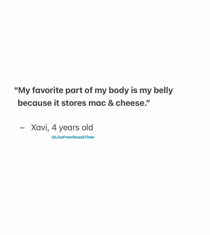 Child's funny quote about their belly storing mac and cheese, shared by NYC school teacher capturing wholesome kid moments.