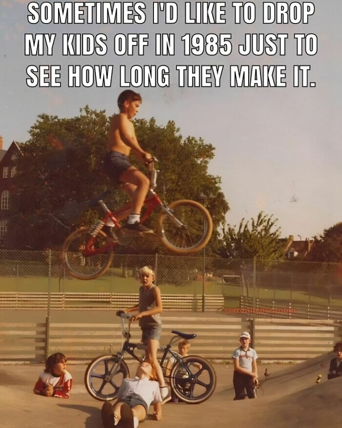 '80s meme with kids at a skate park, one performing a bike stunt, capturing nostalgic childhood fun.