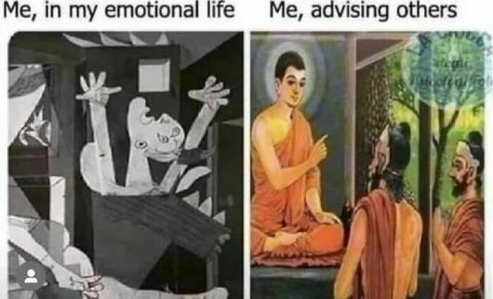 Funny mental health meme comparing chaotic self with calm advisor.