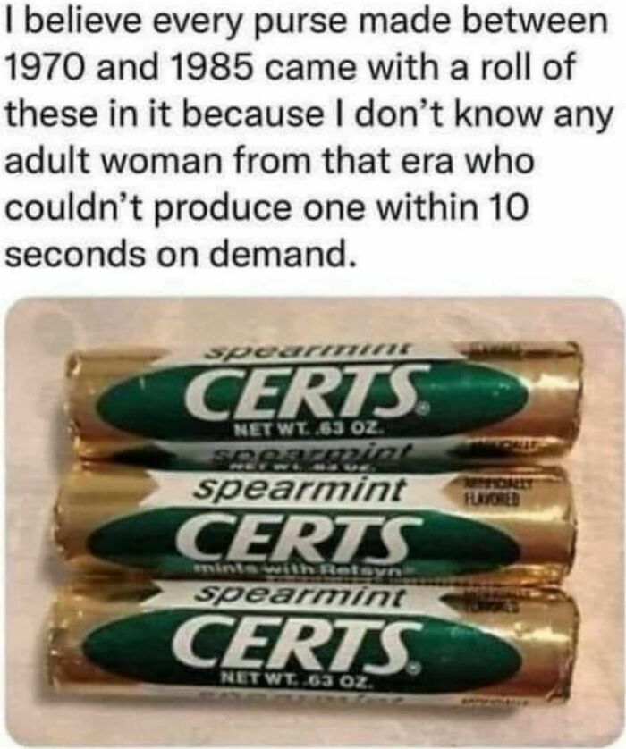 Three rolls of Certs mints evoke '80s nostalgia with humorous text about women's purses from 1970-1985.