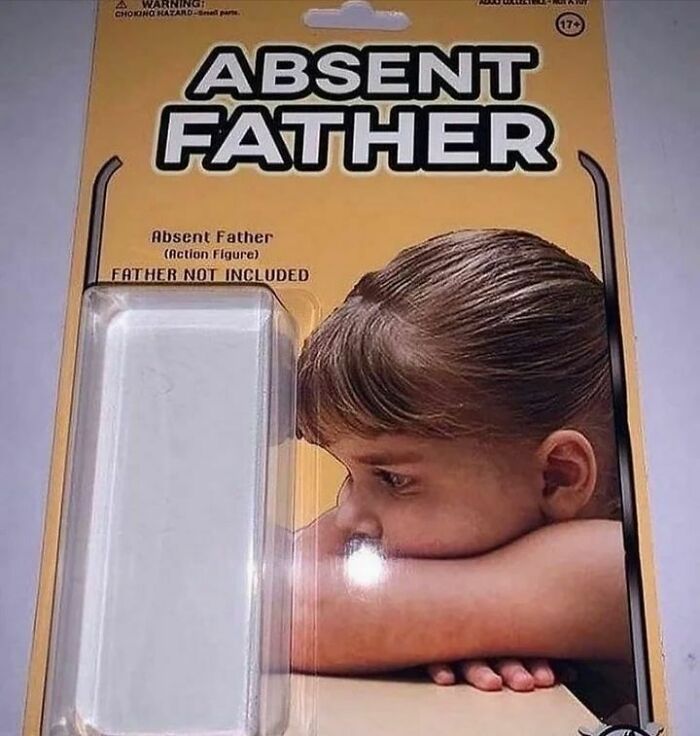 Toy packaging labeled "Absent Father," featuring sad child, humorously highlighting mental health.