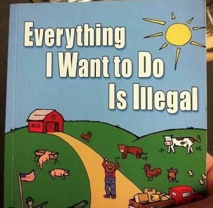 Book cover with a farm scene and the humorous phrase "Everything I Want to Do Is Illegal," reflecting mental health memes.