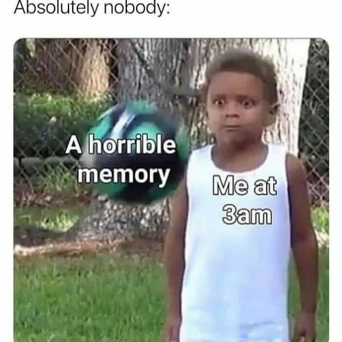 Child humorously facing a soccer ball labeled "A horrible memory" for mental health meme.