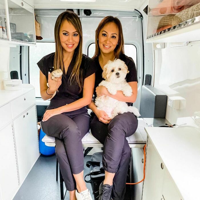 Two veterinarians in black scrubs smiling, holding a small dog and a lizard at the veterinarian’s office.