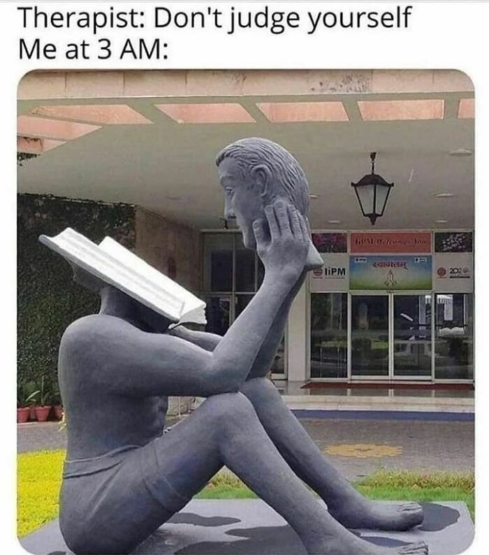 Statue with a book head humorously depicting mental health meme about late-night self-criticism.