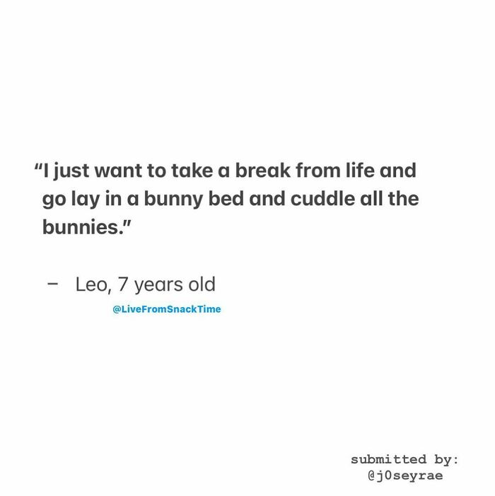 Quote from a little kid about taking a break and cuddling bunnies, shared by an NYC school teacher.
