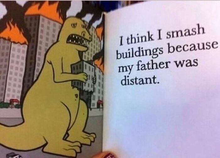 Cartoon dinosaur addressing mental health with humor about father issues while destroying buildings.