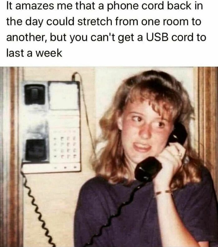 Person on a corded phone with a humorous caption comparing phone cords and USB cords, embodying '80s memes nostalgia.