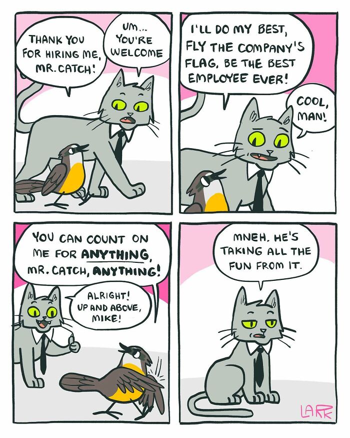 Funny Comics About A Cat Hiring Birds In His Company By This Brazilian Artist (New Pics)