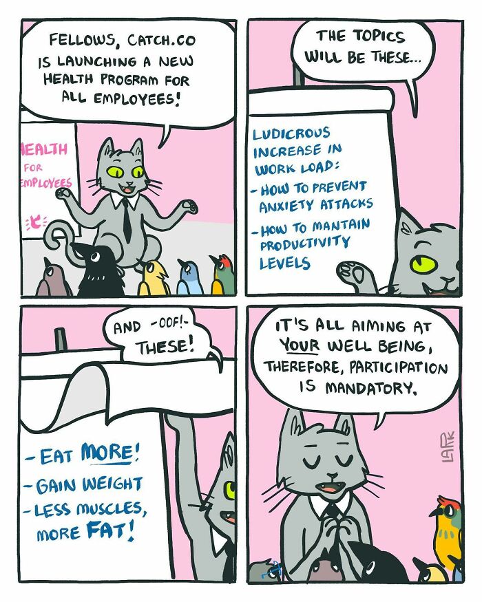 Funny Comics About A Cat Hiring Birds In His Company By This Brazilian Artist (New Pics)