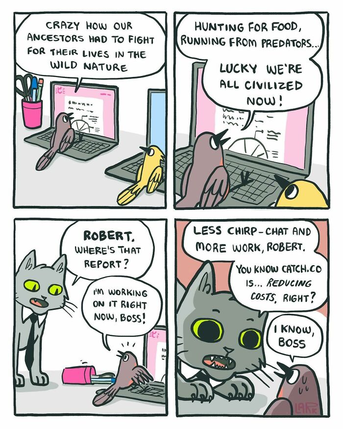 Funny Comics About A Cat Hiring Birds In His Company By This Brazilian Artist (New Pics)