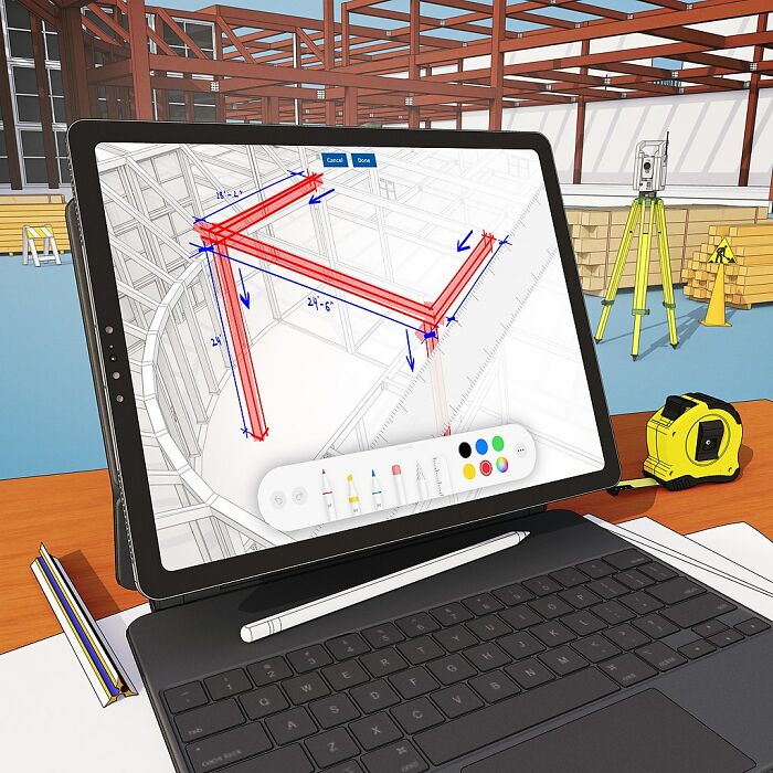 Tablet with free architectural drawing software displayed, showcasing red and blue 3D sketches in a construction setting.