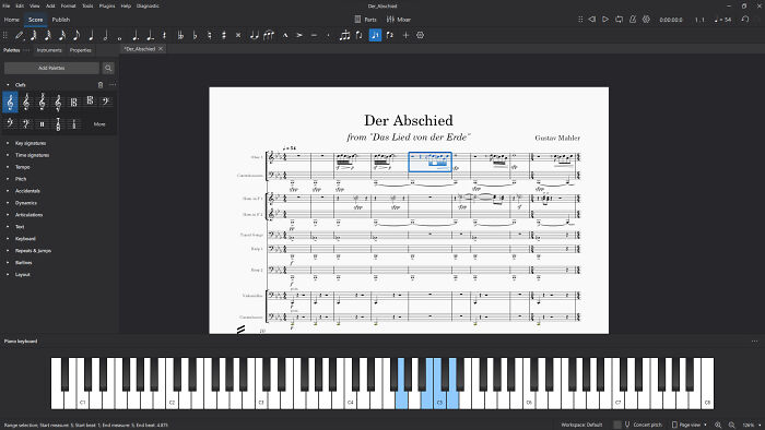 Free music notation software interface displaying a classical score with virtual piano keyboard below.