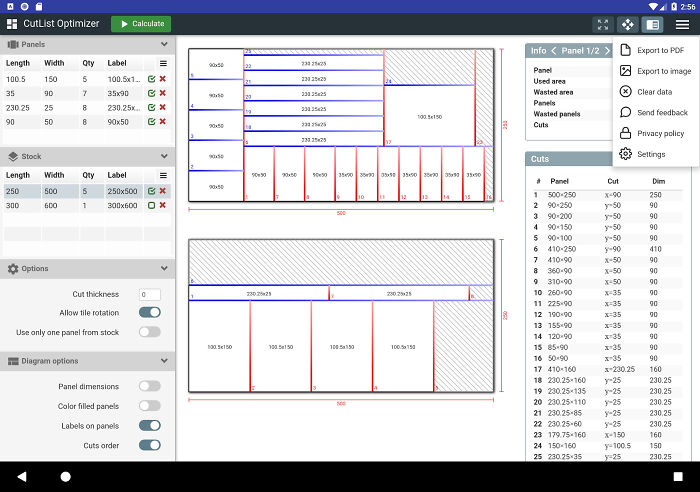 Free software CutList Optimizer interface showing panel layout and dimension settings.