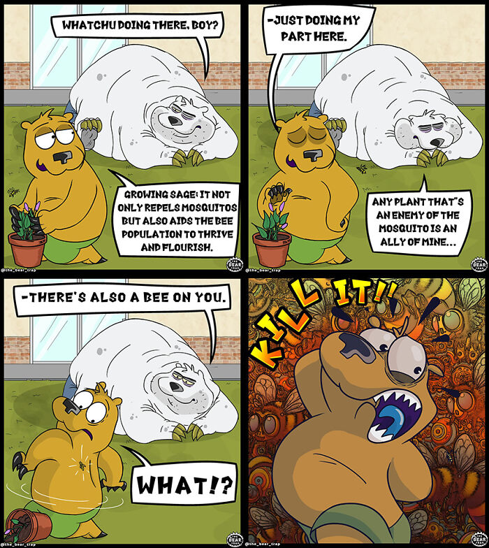 Animal comic panels show a bear and a manatee discussing sage plants and bees to address real-life struggles humorously.