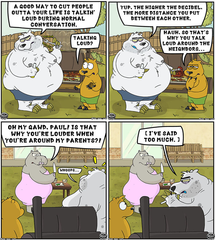 Animal comics showing a bear and friends humorously tackling real-life struggles like loud conversations and family dynamics.