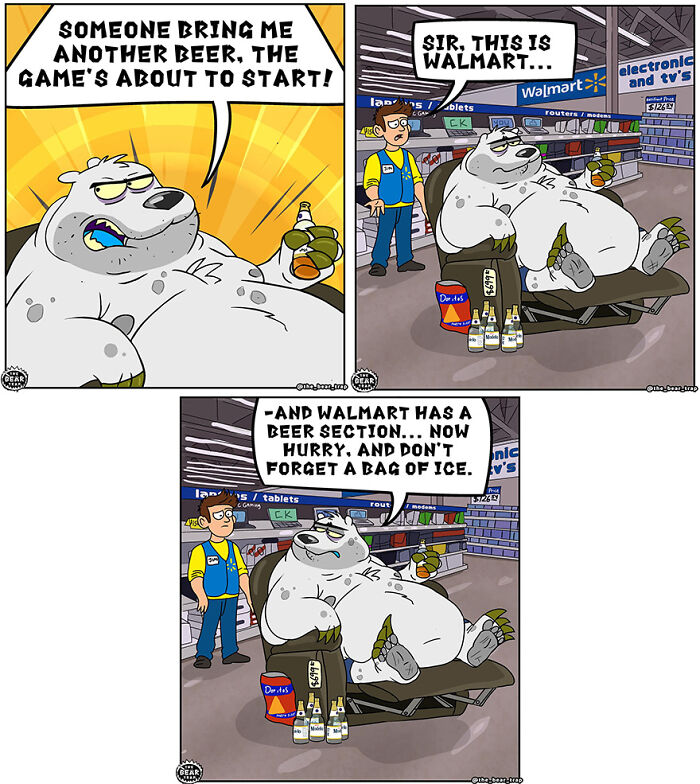 Hilarious animal comics show a bear relaxing with beer in Walmart, humorously tackling real-life struggles.