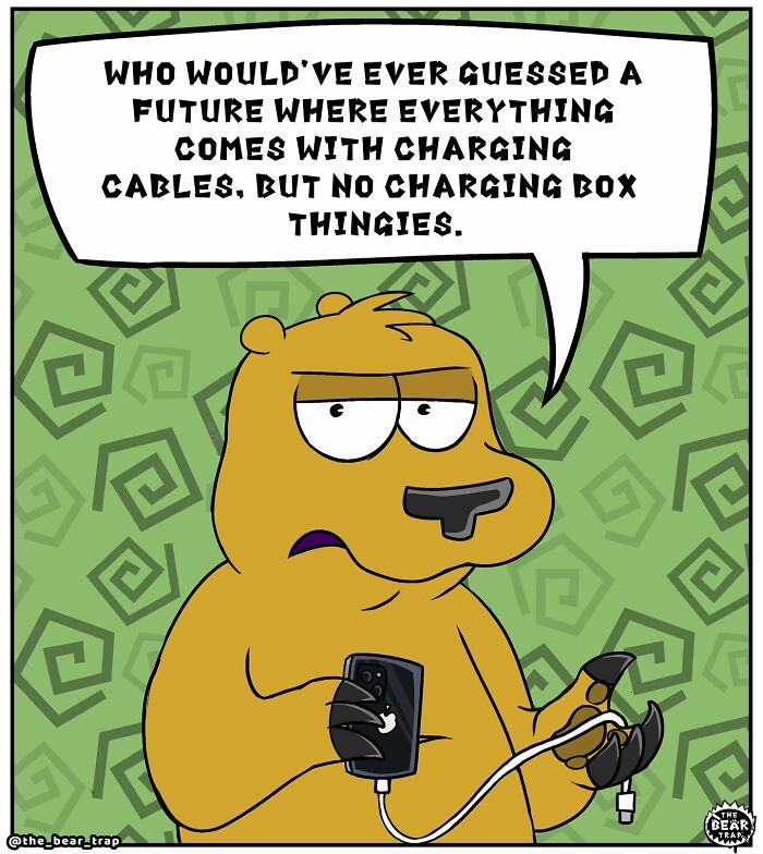 Bear cartoon from animal comics holding a phone with charging cables, highlighting real-life struggles with technology.