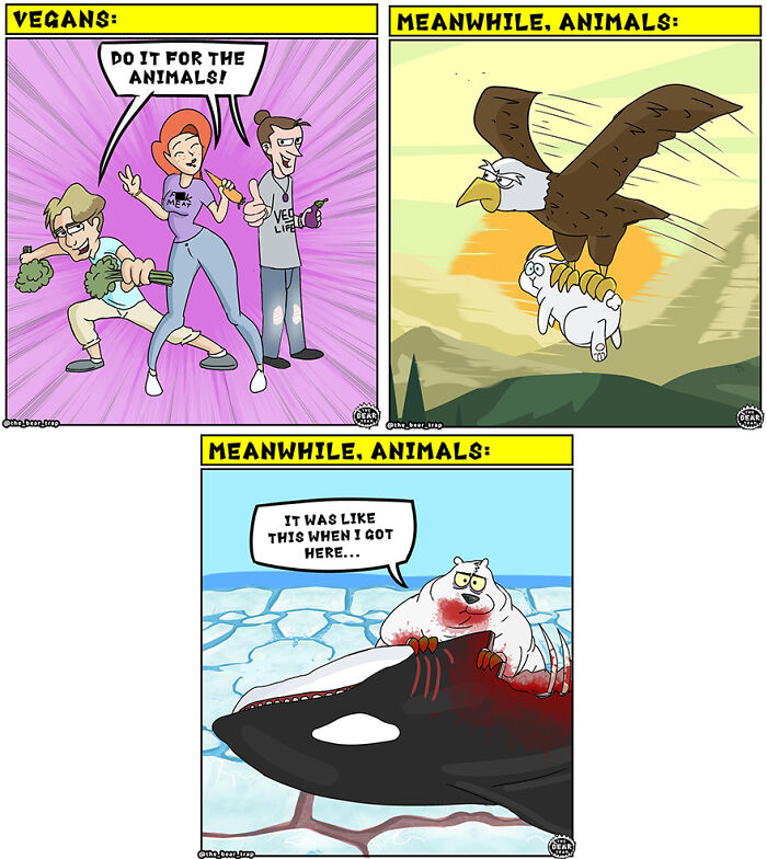 Hilarious animal comics depicting real-life struggles of animals vs. vegan perspectives in a witty cartoon style.