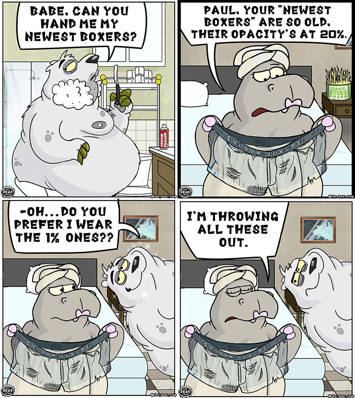 Hilarious animal comics show real-life struggles with worn-out boxers in a funny four-panel cartoon.