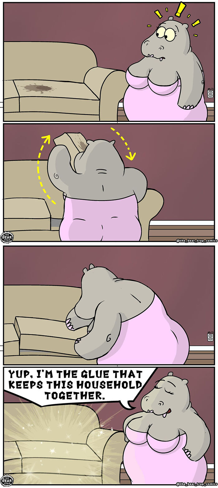 Hilarious animal comic shows hippo fixing couch stain, highlighting real-life struggles in everyday household tasks.