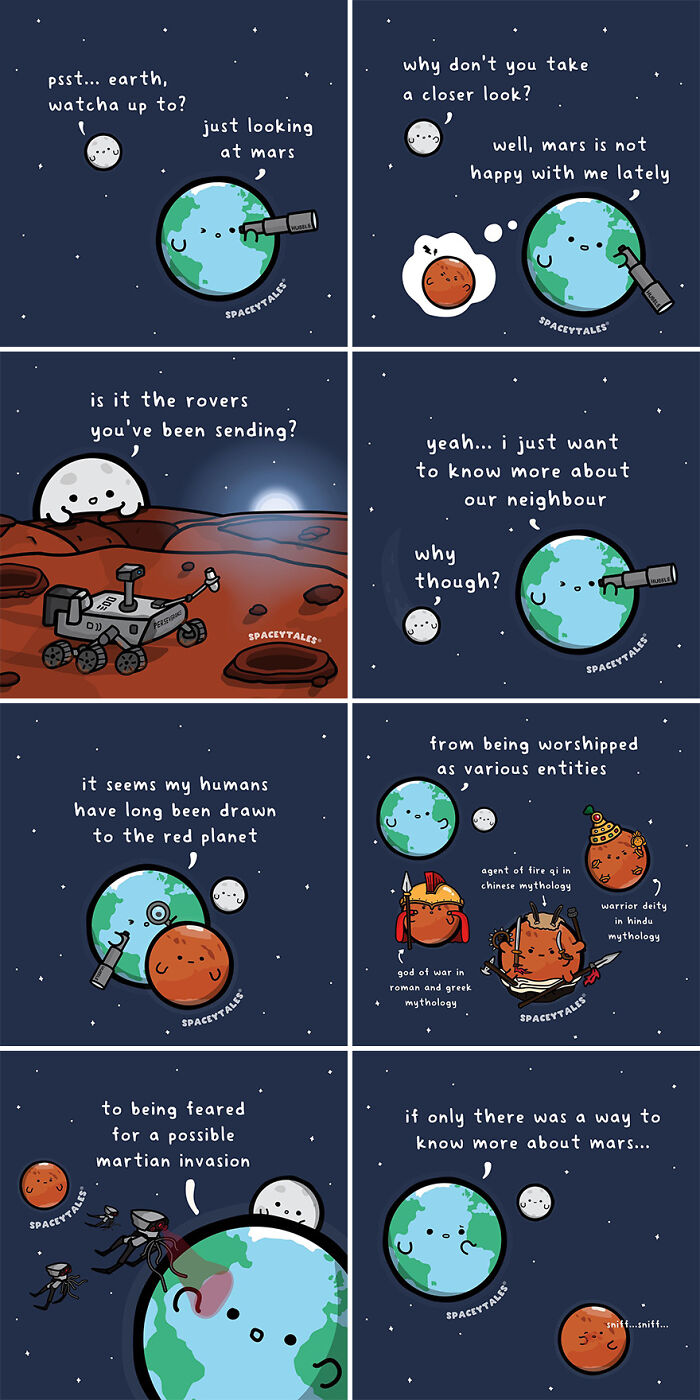 Comic panels featuring Earth, Moon, and Mars characters humorously exploring facts about the cosmos and Mars exploration.