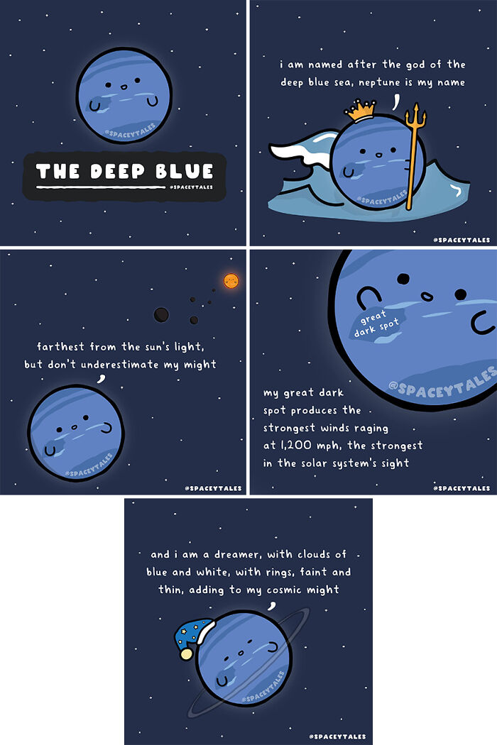 Cartoon comics about Neptune teaching cosmic facts with fun illustrations in a starry space background by this artist.