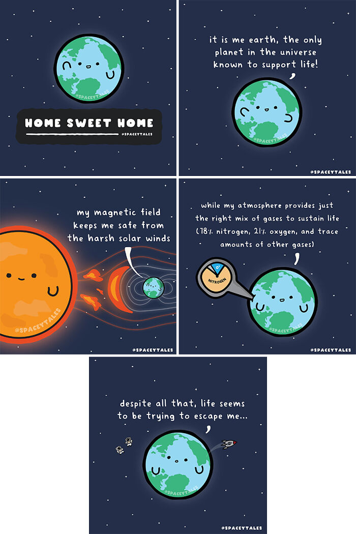 Comic panels showing a cute Earth explaining its magnetic field and atmosphere in a fun-filled cosmos comic style.