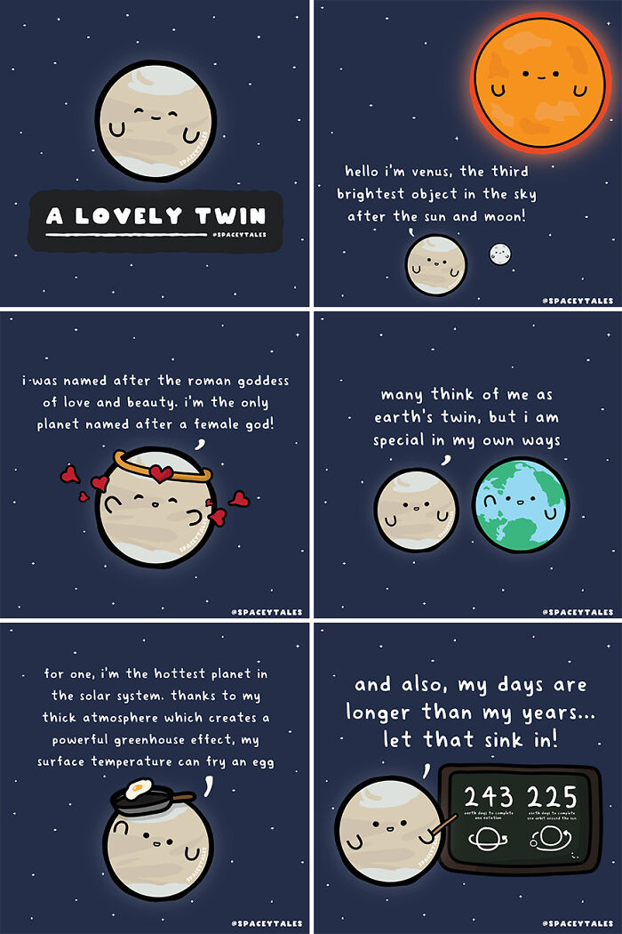 Comic panels featuring Venus with cute illustrations teaching facts about the cosmos in a fun and engaging style.