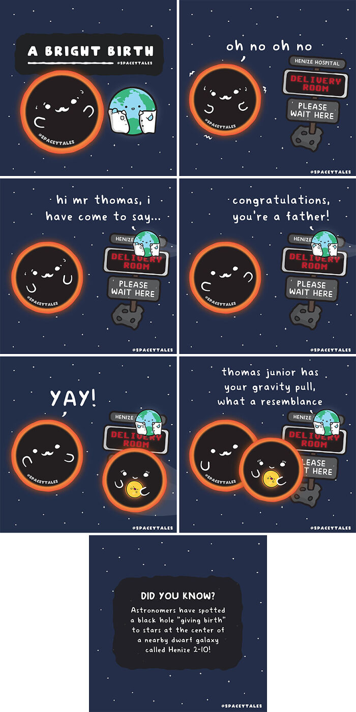 Cute comic panels showing a black hole and Earth personified to teach fun cosmic facts about black holes and star birth.