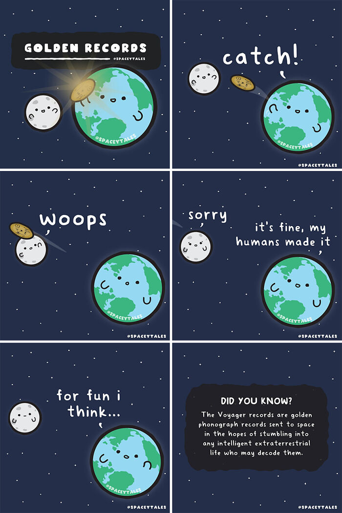 Cute comics showing Earth and Moon discussing the golden records, illustrating fun-filled cosmos facts by an artist.