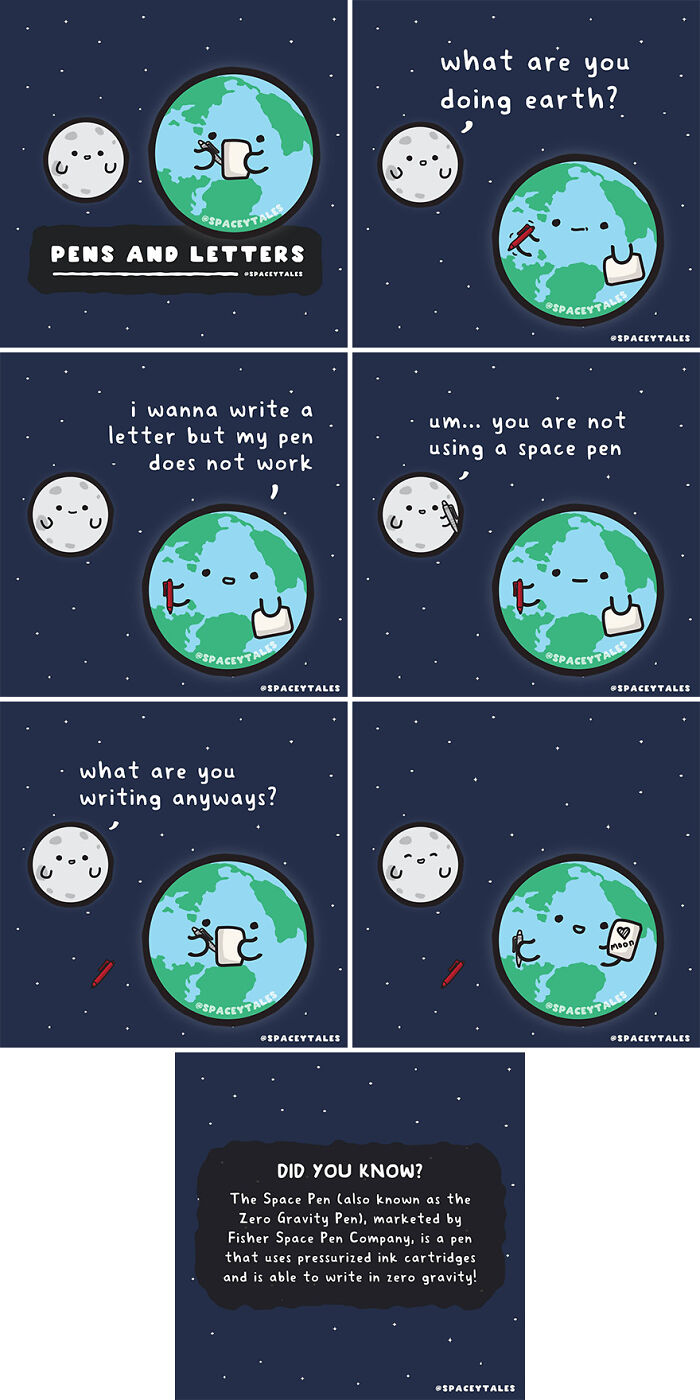 Comic about the cosmos showing Earth and Moon discussing the use of a space pen in zero gravity writing.