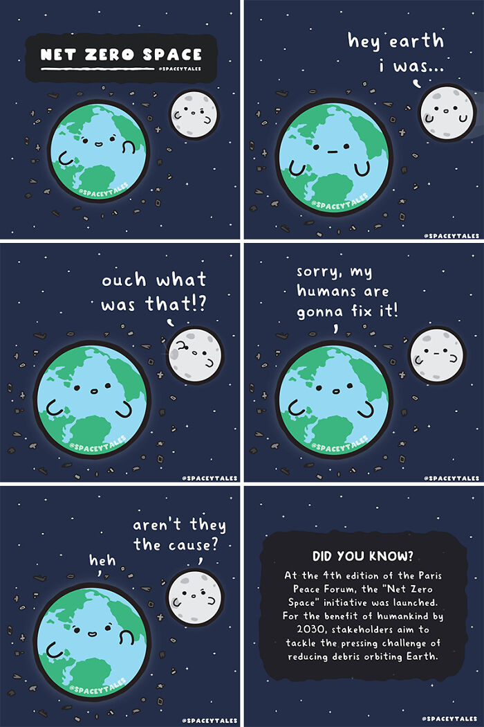 Comic panels showing the Earth and Moon discussing space debris and the Net Zero Space initiative to tackle cosmic pollution.